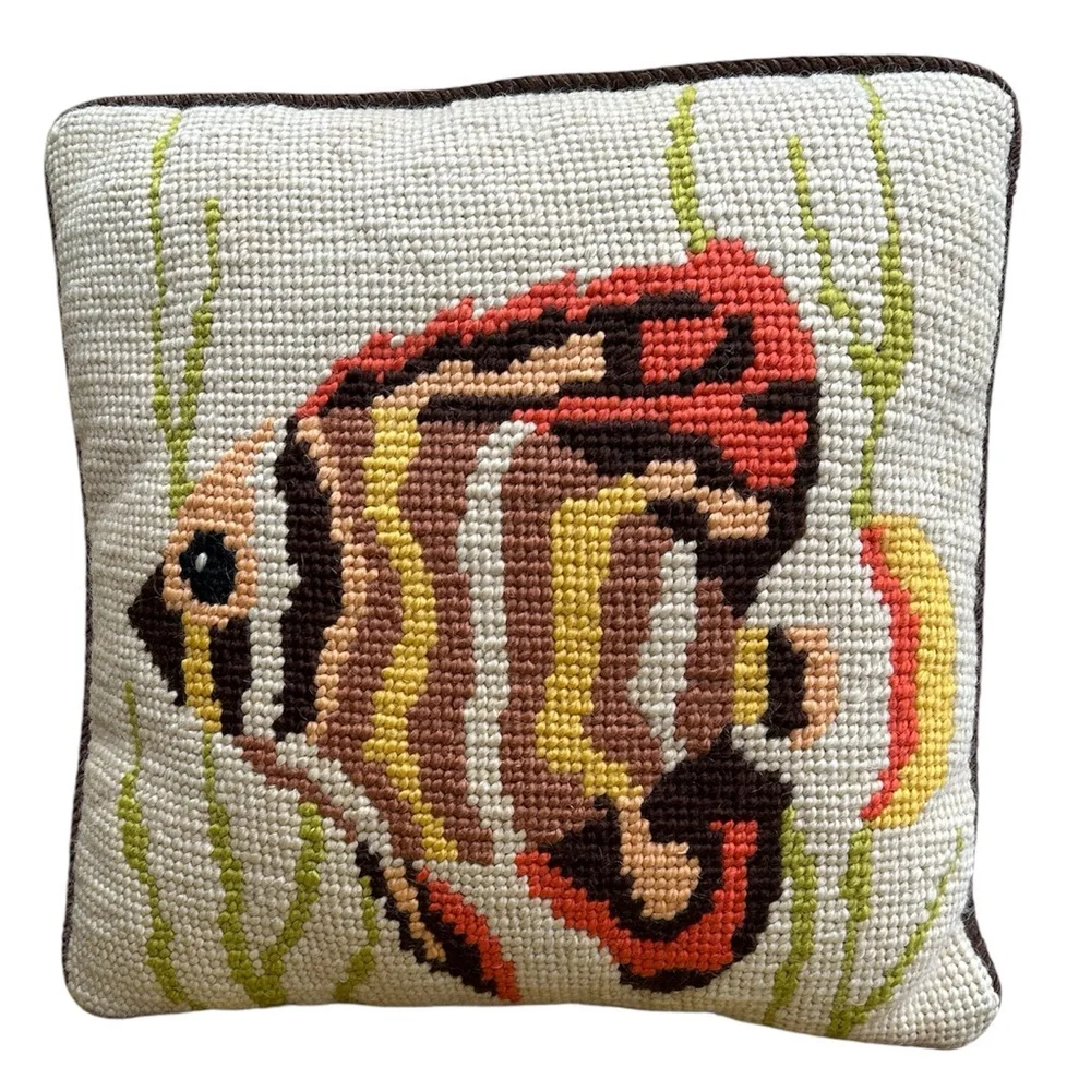 Vintage Needlepoint Tropical Fish Corduroy Handmade Cross Stitch Pillow 12 x 12